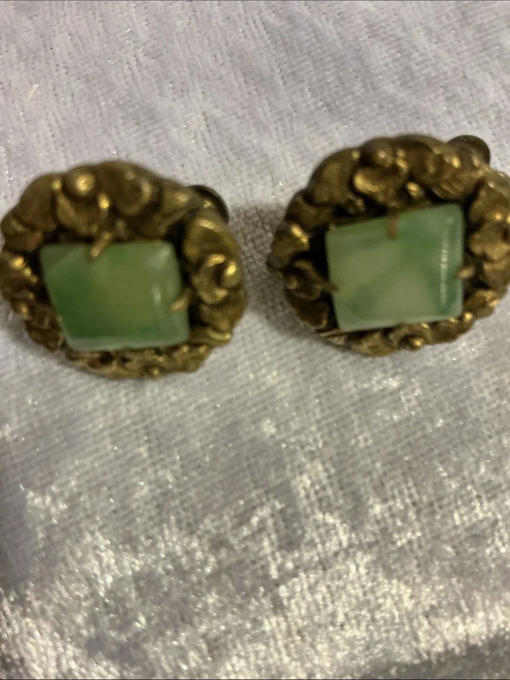 Vintage Green -Toned Screw-Back Green Cabochon Earrings